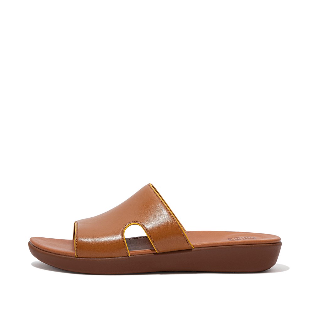 Fitflop Womens Slides Brown - H-bar Pop-binding Leather - GM3980721